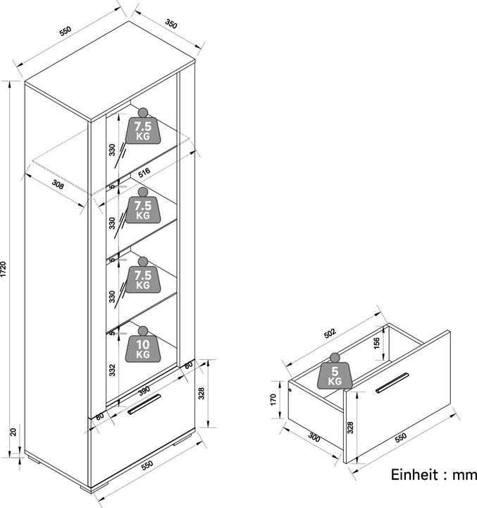 Produktbild SONNI Vitrine mit LED-Beleuchtung, Glasvitrine mit Schubladen, weisse Hochglanzfront, Sammelvitrine (100 x 40 x 180 cm)