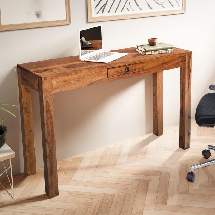 Produktbild FineBuy Schreibtisch Bürotisch 118 cm Sheesham Massivholz Laptoptisch Schublade (118 x 40 x 70 cm)