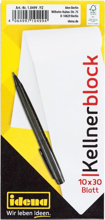 Actual product image Idena Waiter's pad 10s 7x15cm blank FSC mix (Plain)