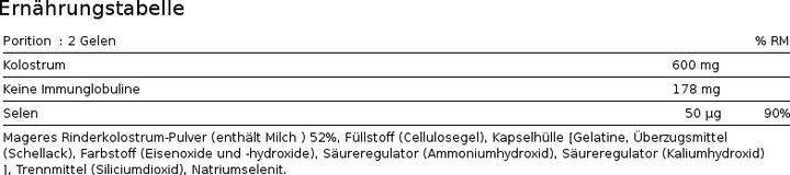 Nährwerte und Zutaten Biotech USA Colostrum (60 Stück, Kapseln)