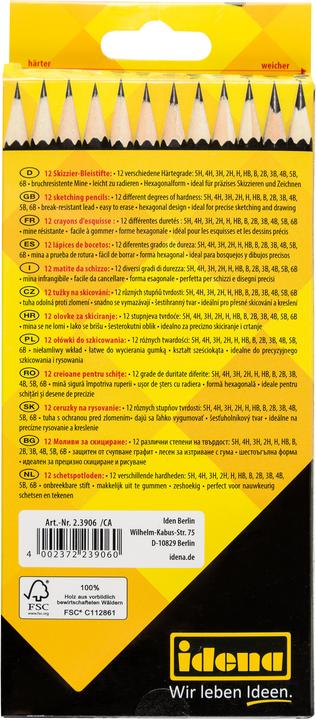 Produktbild Idena Bleistifte 12er zum Skizzieren FSC100% (5H, 3H, 2H, H, HB, B, 2B, 3B, 4B, 5B, 6B, 4h, 12 x)