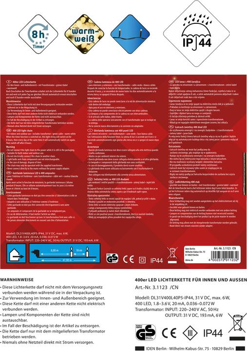 Produktbild Idena LED Lichterkette 400er WW,8h Timer,47,90m (0.19 m)