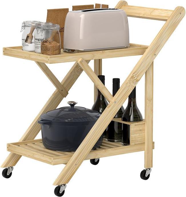Produktbild Swisshandel24 Küchenwagen Servierwagen mit Arbeitsplatte, 2 Ebenen, Weinregal, für Büro Natur