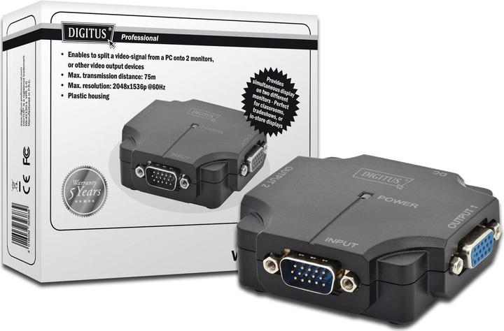 Produktbild Digitus VGA Splitter 2-Port 350MHz int.Leistungsverstaerker bis 75m max Aufloesung 2048x1536 bei 60Hz