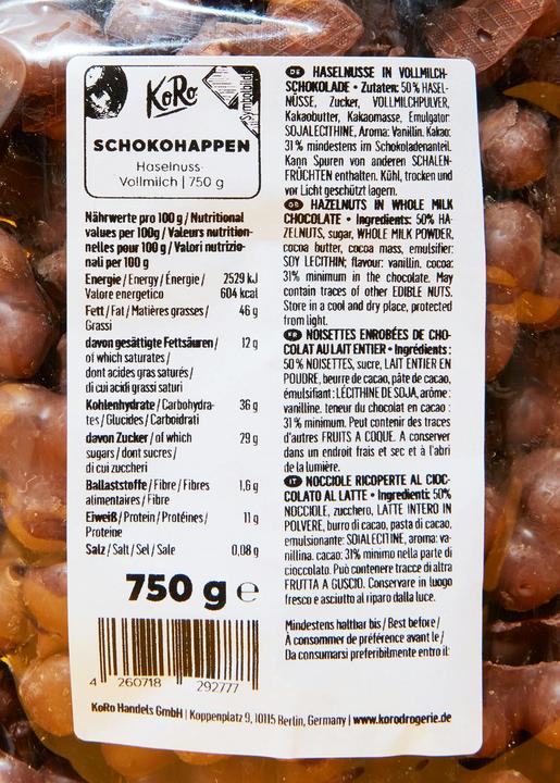 Nutritional values and ingredients KoRo Hazelnuts in milk chocolate (1 pcs., 750 g)
