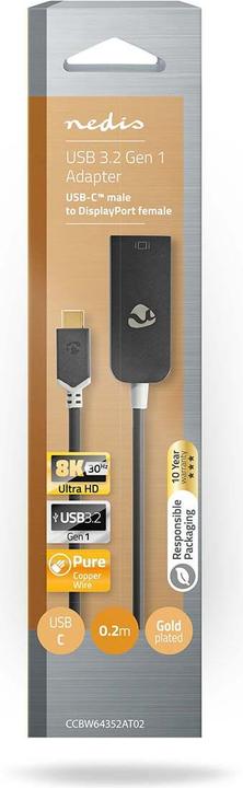 Produktbild Nedis USB Adapter USB 3.2 Gen 1 USB-CT Male DisplayPort Female 0.20 m Round Gold Plated PVC Anthraci (USB Typ-C, 20 cm)