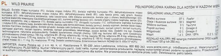 Nutritional values and ingredients Acana Wild Prairie (Junior, Adult, Senior, 1 pcs., 4500 g)