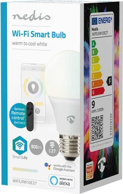 Produktbild Nedis WIFILRW10E27 SmartLife LED Bulb WLAN E27 806 lm 9 W Warm to Cool White 2700 - 6500 K Energiekl (E27, 9 W, 806 lm, 1 x, F)