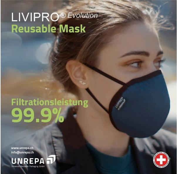 Produktbild Unrepa Community Stoffmaske LIVIPRO Evolution Gr. L, Schwarz (Schutzklasse II, 1 x)