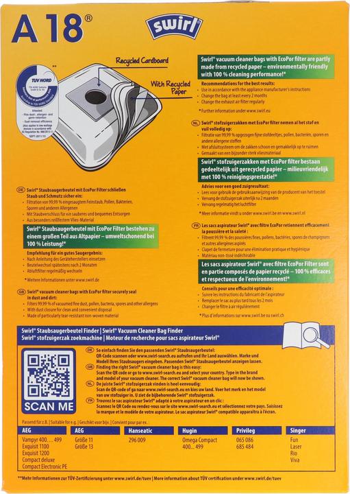 Produktbild Swirl Staubsaugerbeutel A18 MicroPor Plus für AEG Staubsauger