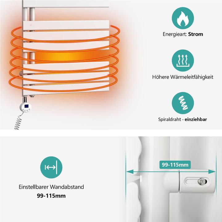 Produktbild Emke Elektrischer Handtuchwärmer mit Heizstab und Timer, Weiss 1041x600mm 600W (600 W)