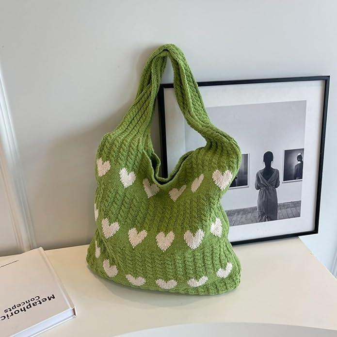 Produktbild Only-Bags.Store Minimalistische Liebe Muster Hobo Tasche, gestrickt Lagerung Einkaufstasche, leichte Urlaub Tasche