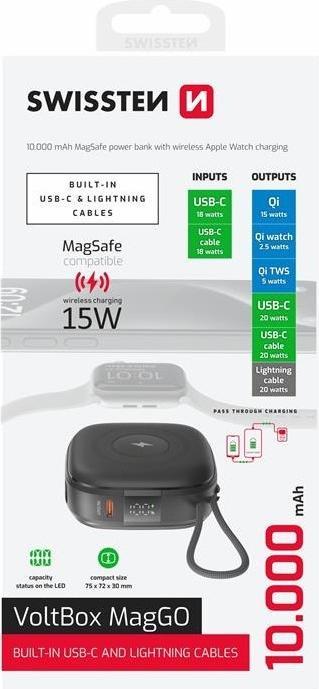Actual product image Swissten Power Bank Voltbox Maggo 10000 Mah with Built-In Cables + Magsafe + Apple Watch (10000 mAh, 20 W, 20 Wh)