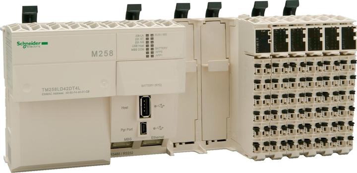 Immagine prodotto Schneider Electric Controllore PLC, Modicon M258, 46 I/O, Ethernet, Modbus, 2 slot per moduli PCI, 24 VDC, morsetto a