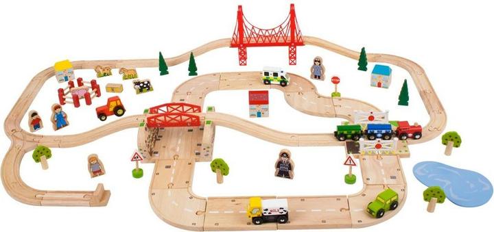 Bigjigs Wooden road and train set Countryside, 80 pcs.