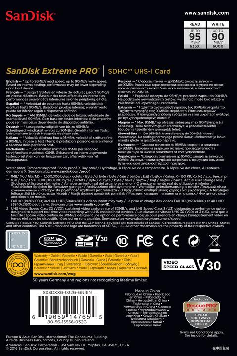 Actual product image SanDisk Extreme Pro SDHC U3 (32 GB, SDHC, U3, UHS-I)