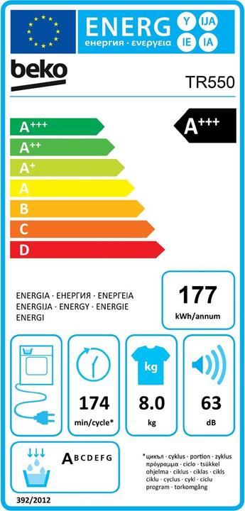 Energie-Label Beko Wäschetrockner TR550 Rechts/Wechselbar (8 kg, Wechselbar, Rechts)