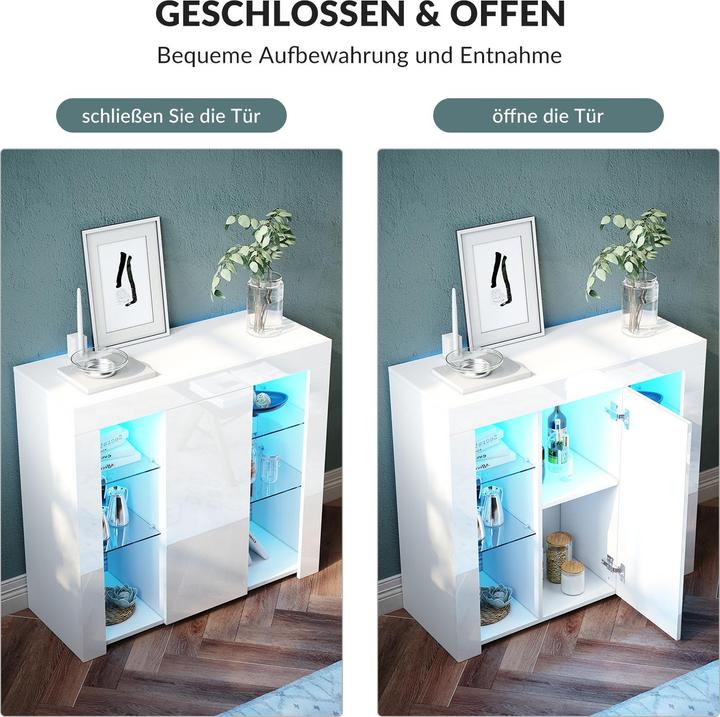 Produktbild SONNI Sideboard, Küchenschrank mit LED-Beleuchtung (in 12 Farben einstellbar), Weiss, Hochglanz, Aufb
