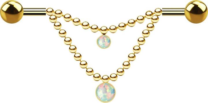 Produktbild Star Piercing Barbell vergoldet zwei Kugeln zwei Ketten Opal weiss (Chirurgenstahl 316L, ohne Messing)