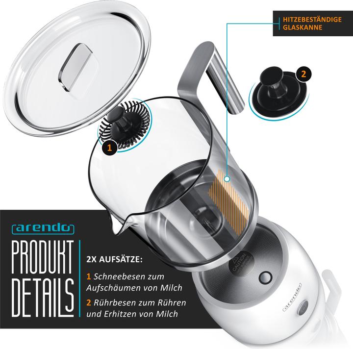 Image du produit Arendo Mousseur à lait 600 W, 6 fonctions, accessoire amovible en verre résistant à la chaleur (25 cl)