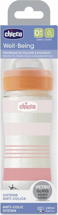 Immagine prodotto Chicco Biberon, vetro, 0% BPA, 240 ml, tettarella fisiologica in silicone, 1 foro, flusso lento - ROSA (240 ml)