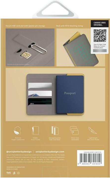 Actual product image Uniq Belmont RFID Blocking Passport Case - Grey/Yellow