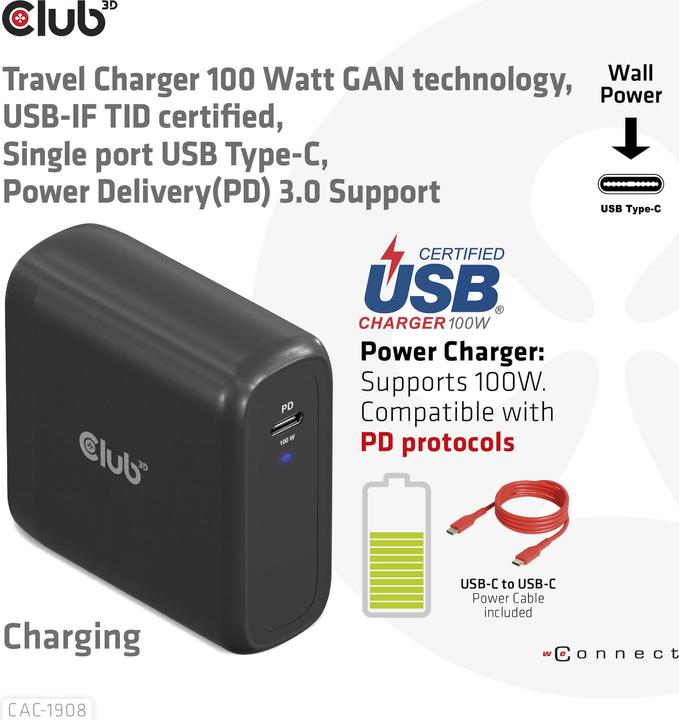 Produktbild Club 3D Club3D Reiseladegerät 1xUSB Typ C, PD 100W retail (100 W)