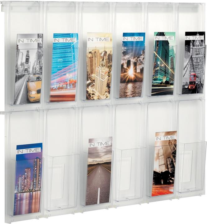 Produktbild Helit Wanddisplay PLACATIV, 12 Fächer 1/3 DIN A4 hoch glasklar, Fachtiefe: 35 mm, SAN Material, einfache W (1/3 Din A4)