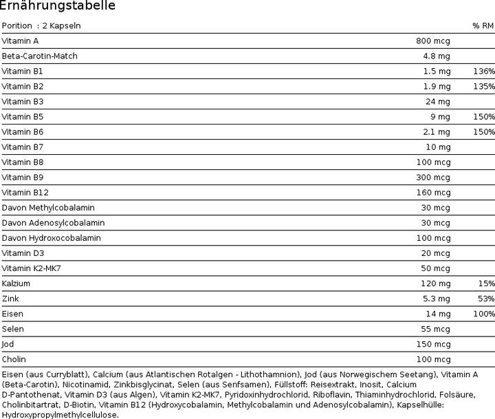 Nährwerte und Zutaten Phytopharma Vegan Power (90 Stück, Kapseln, 94 g)