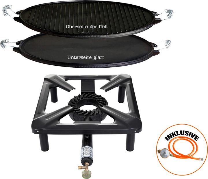 Productafbeelding All'Grill Kruk kookset (klein) met gietijzeren grillplaat Ø 38 cm licht incl. gasslang & regelaar