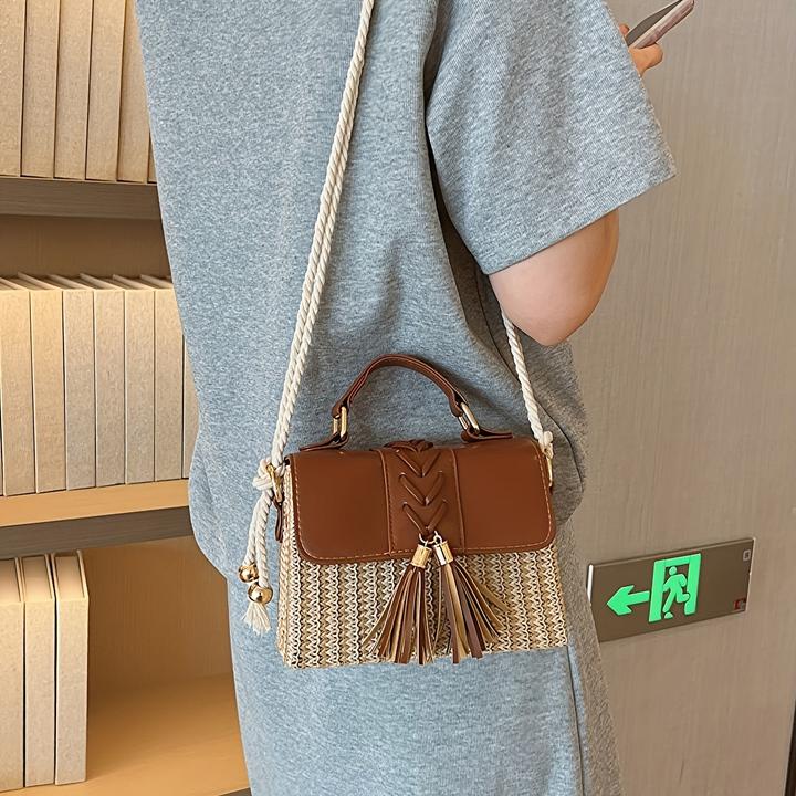 Produktbild Only-Bags.Store Quaste Dekor Stroh gewebt Handtaschen, Mini Rope Strap Crossbody Strandtasche, Frauen Top Handle