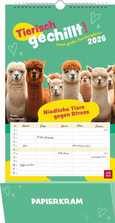 Produktbild Familienkalender 2026: Tierisch gechillt! Unser grosser Familienplaner 2026 (Harter Einband, Deutsch)