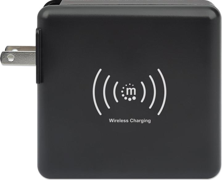 Produktbild Manhattan 4-in-1 Reiseladegerät und Powerbank 8.000 mAh Ein kabelloses 5 W-Induktionsladepad, zwei 12 W USB-A- (8000 mAh, 5 W, 29.60 Wh)
