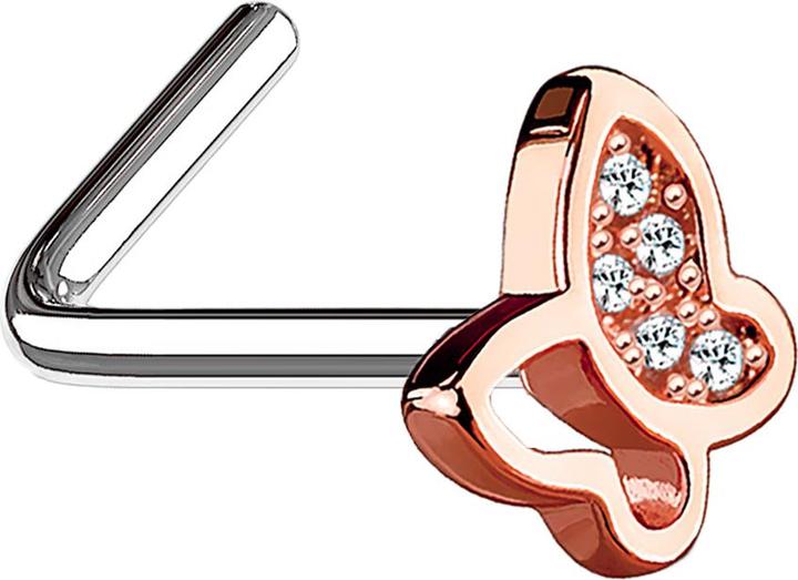 Produktbild Star Piercing Nasenstecker gewinkelt rosegold mit Schmetterling und Kristall (Chirurgenstahl 316L, Messing)