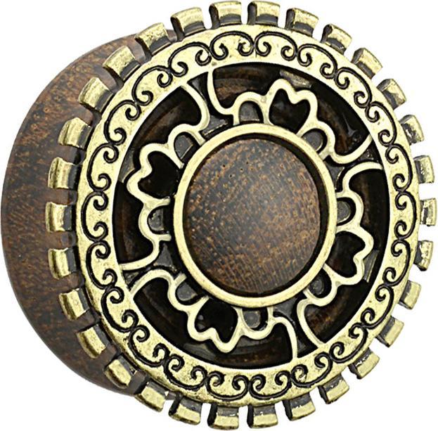 Image du produit Star Piercing Flared Plug en bois de sono avec bouclier tribal roue dentée (Organique, Laiton)
