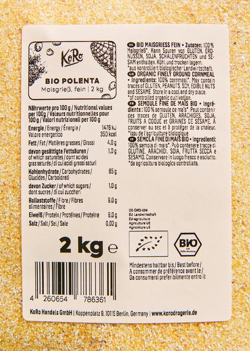 Nutritional values and ingredients KoRo Organic corn semolina fine (2000 g)
