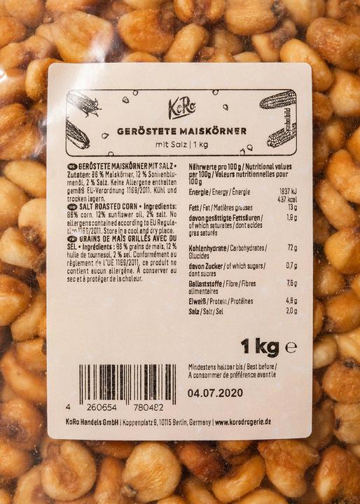 Nutritional values and ingredients KoRo Gerösteter Mais mit Salz (1000 g)