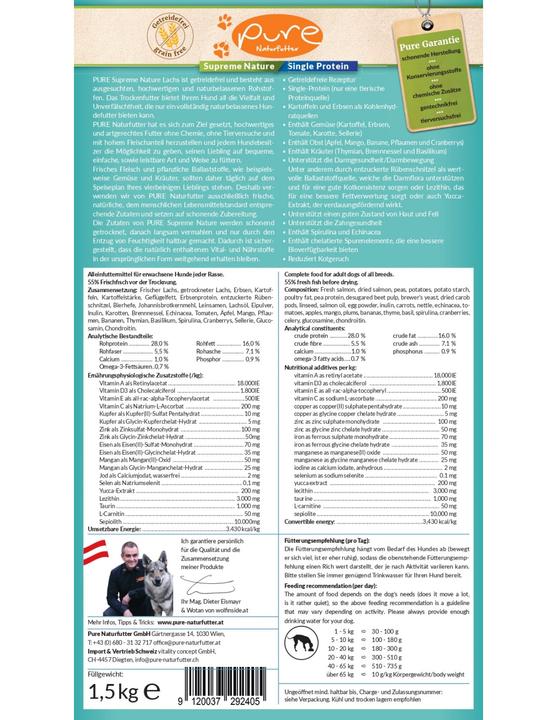 Nutritional values and ingredients Pure Naturfutter PURE Supreme Nature Dog single protein grain-free salmon, 1.5 kg (Adult, 1 pcs., 1500 g)