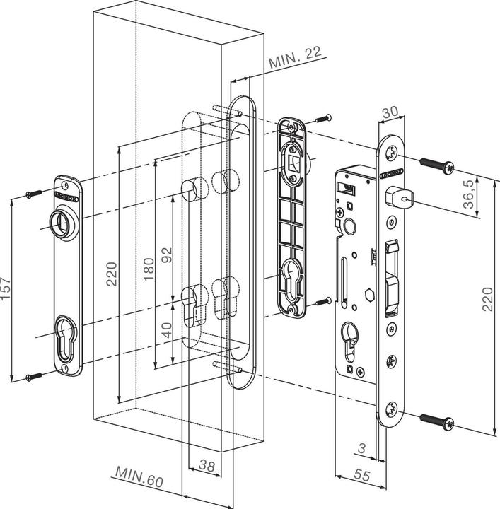 Produktbild Locinox Rohrrahmenschloss H-Metall mit Hakenriegel, DM 35, PZ 92, Stulp rund, Edelstahl