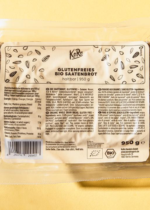 Nutritional values and ingredients KoRo Organic seeded bread, gluten-free (950 g)
