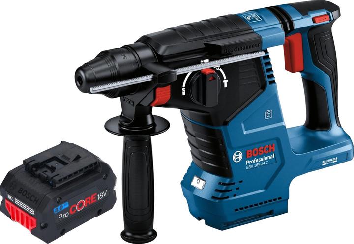 1x Bosch GBH 18V-24 C Professional Akku Bohrhammer, 1x Tiefenanschlag, 1x Reinigungstuch, 1x Zusatzhandgriff, 1x Bosch ProCORE 18 V 8,0 Ah Professional Akku