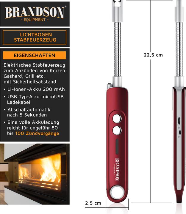 Image du produit Brandson Briquet électrique, briquet à arc, allume-bougie, rechargeable par USB, pour bougies, barbecues