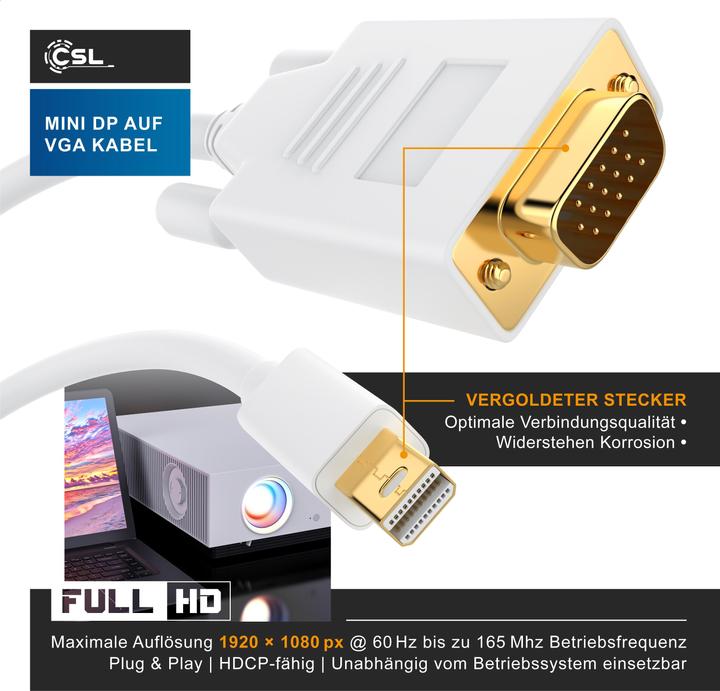 Image du produit CSL Câble vidéo audio mini Displayport vers VGA, adaptateur de moniteur miniDP / compatible Thunderbolt (3 m, DisplayPort, VGA)