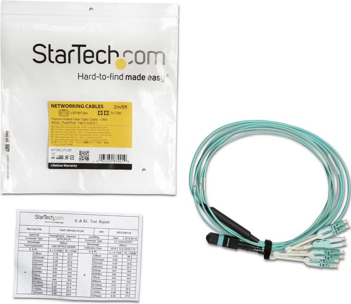 Actual product image StarTech MPO8LCPL2M Fiber Optic Cable MPO/MTP 8x LC OM3 Aqua Color (2 m)