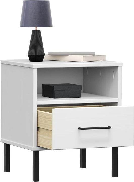 Produktbild VidaXL Nachttisch OSLO mit Metallbeinen Weiss Massivholz