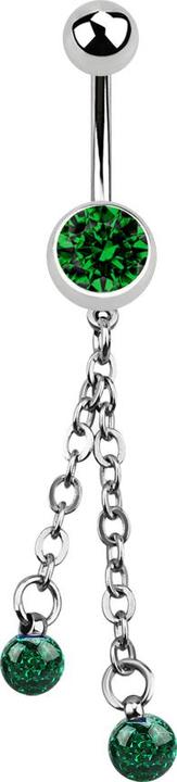 Image du produit Star Piercing Banane argentée avec chaîne et deux boules de cristal vert (Acier chirurgical 316L, sans laiton)
