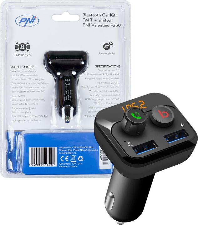 Produktbild PNI FM-Modulator Valentine F250 Bluetooth 5.0, MP3-Player, FM-Transmitter, Micro-SD-Steckplatz, Dual