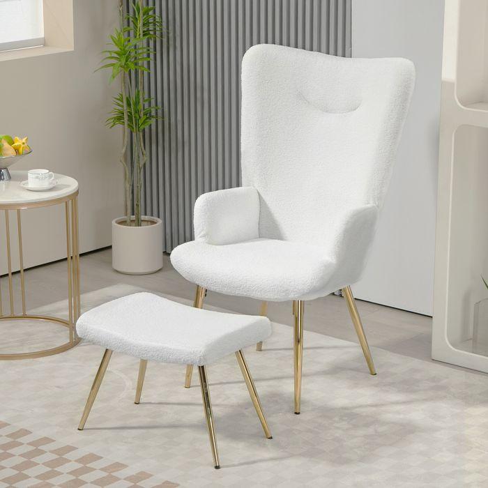 Immagine prodotto Swisshandel24 Ohrensessel mit Hocker, Sessel mit Sherpa-Bezug, Hohe Rückenlehne, Weiss