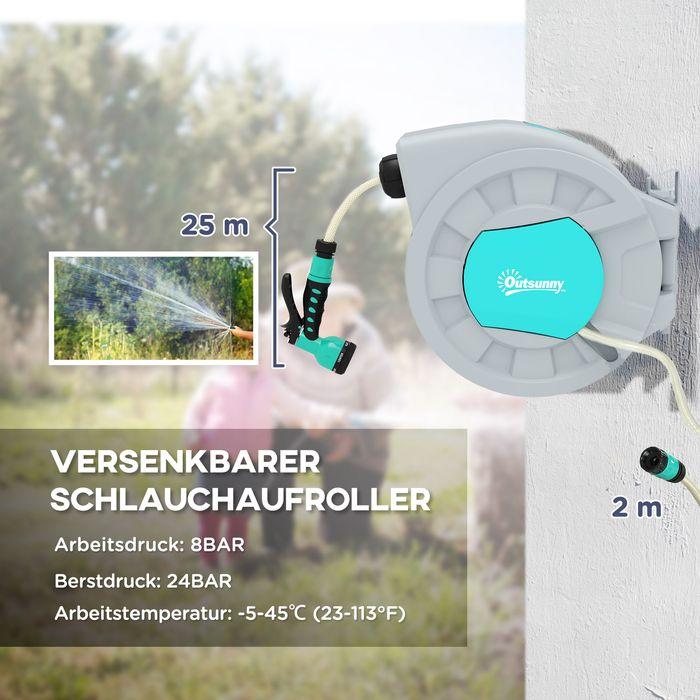 Actual product image Swisshandel24 Schlauchtrommel mit Gartenschlauch 25m, Wandmontage, automatische Aufrollung, Handbrause, Grün+Grau (25 m)