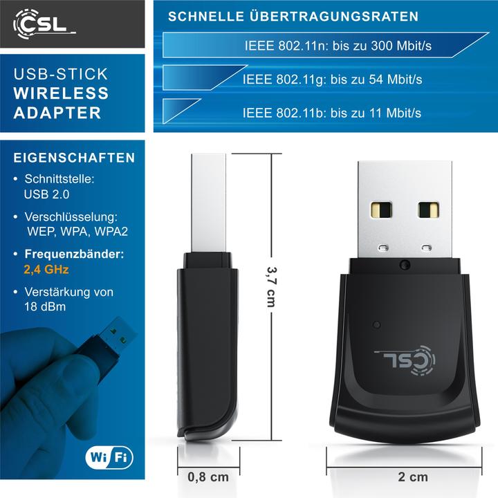 Actual product image CSL WLAN dongle, 300 Mbit/s USB stick WiFi adapter 2.4 Ghz 2T2R, gain 18 dBm, WEP WPA WPA2 (USB 2.0)